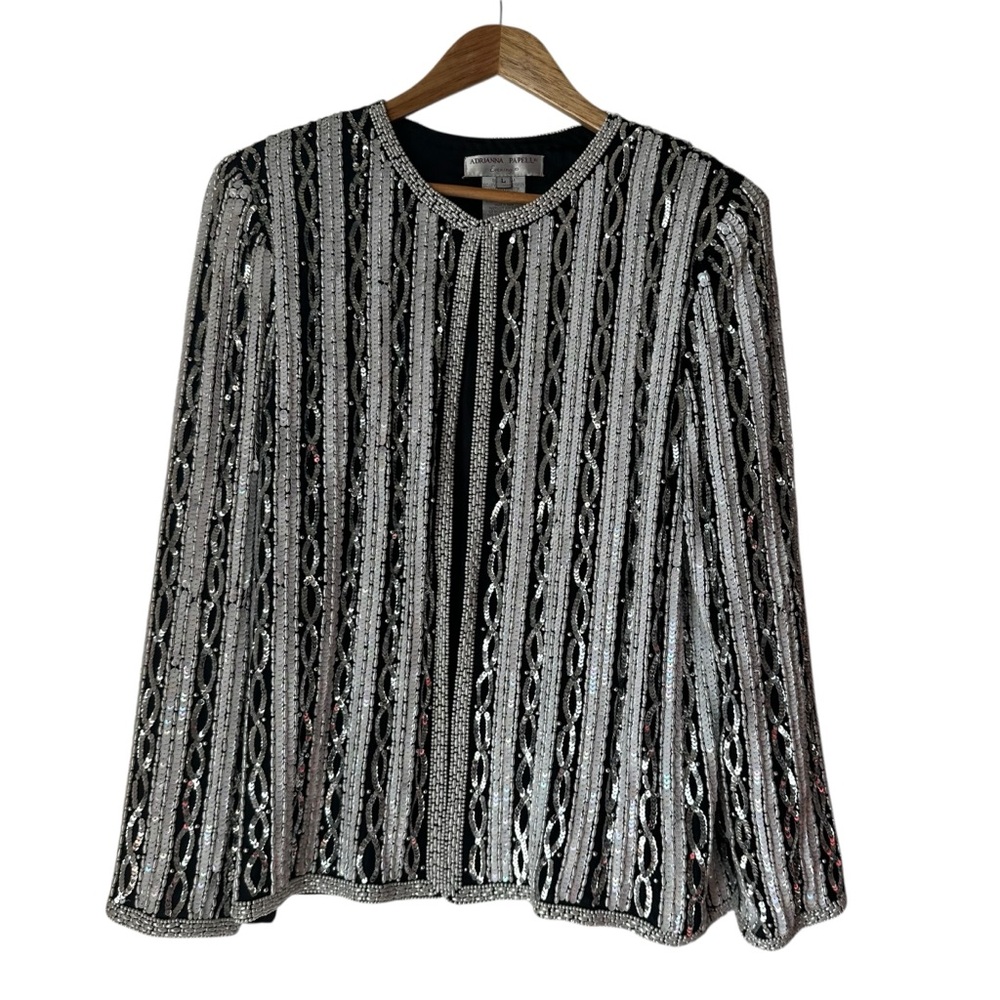 Vintage Adrianna Papell Black White Sequin Embellished Jacket Large